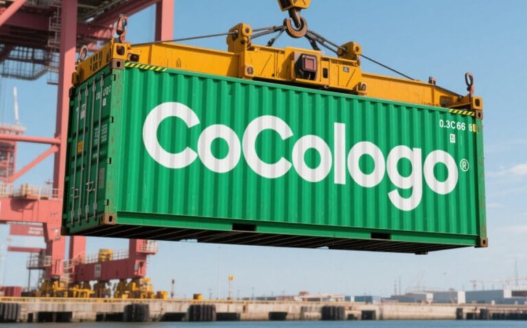 Industrial shipping port crane with COCOLOGO sustainable fashion garment sourcing in China manufacturing operations