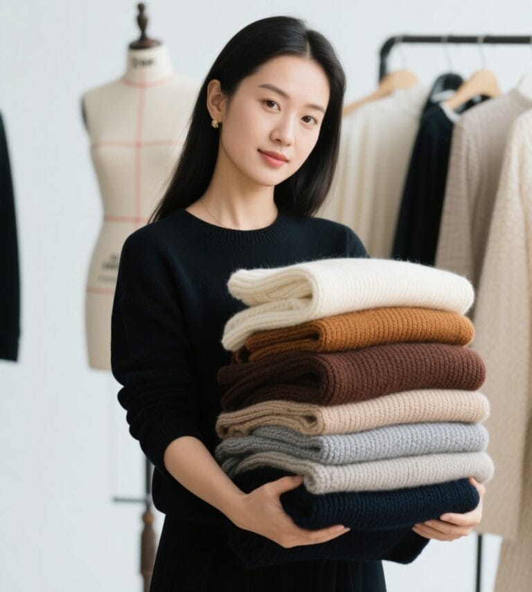 COCOLOGO sustainable cashmere knitwear sweater collection featuring a woman holding folded eco-friendly sweaters in earthy ne