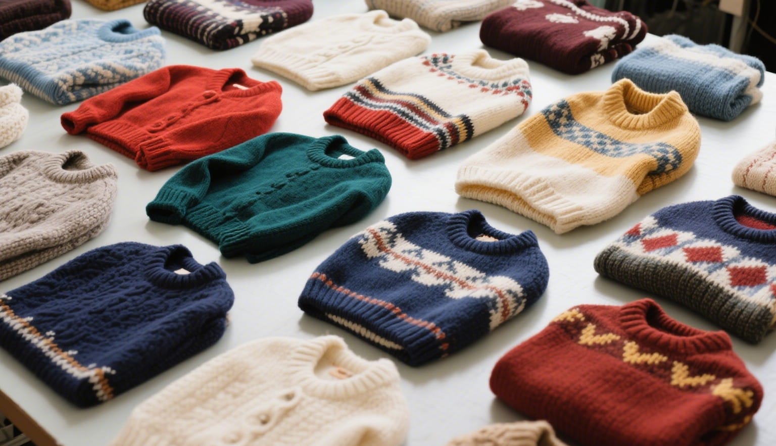 A table draped with a white cloth displays an array of colorful sweaters, each with unique patterns and designs.