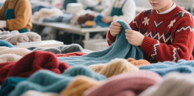 COCOLOGO sustainable garment factory workshop with workers in colorful knitwear producing eco-friendly woolen sweaters and kn