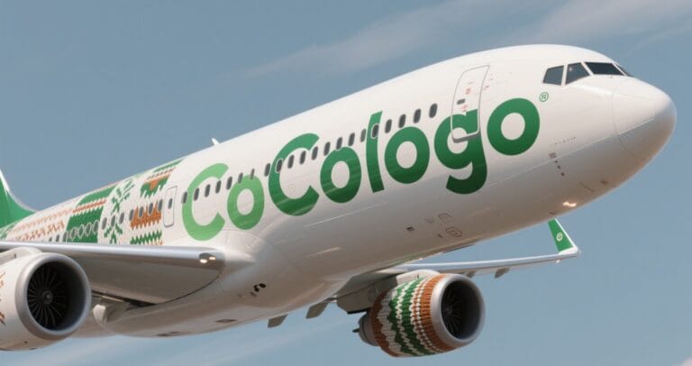 COCOLOGO eco-friendly knitwear wrapping an airplane in cozy white and green sweater fabric with burnt orange and tan knit pat