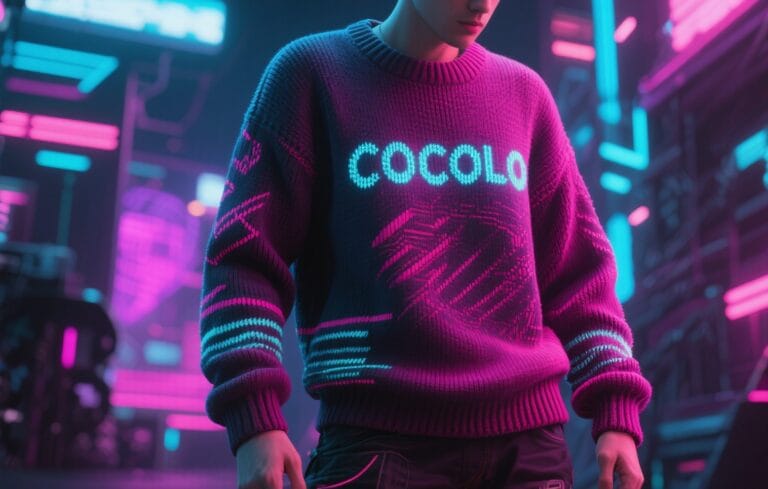 Cyberpunk person wearing oversized COCOLOGO knit sweater with neon cyan pixelated text in futuristic urban cityscape,