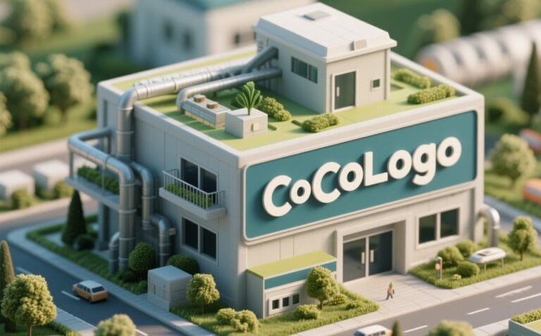 Sustainable industrial model building with rooftop garden at COCOLOGO China manufacturing facility showcasing eco-friendly ga