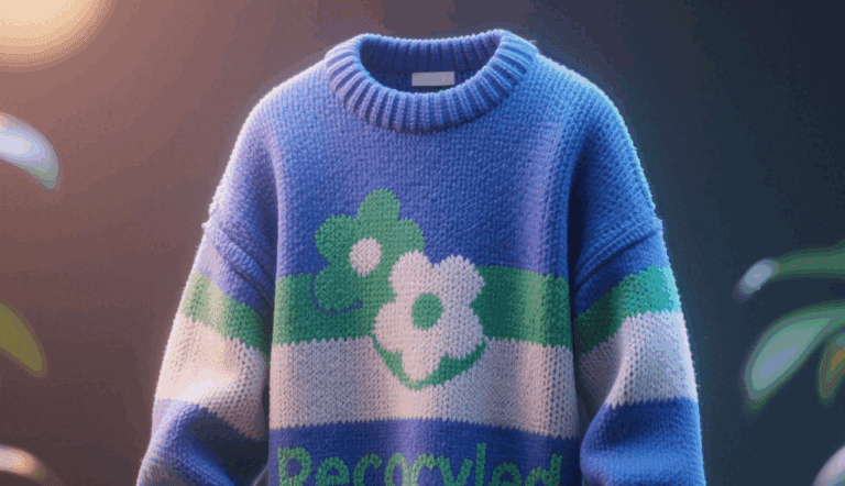 Chunky cobalt blue ribbed crew-neck knitted sweater with vibrant green and white flower graphics,