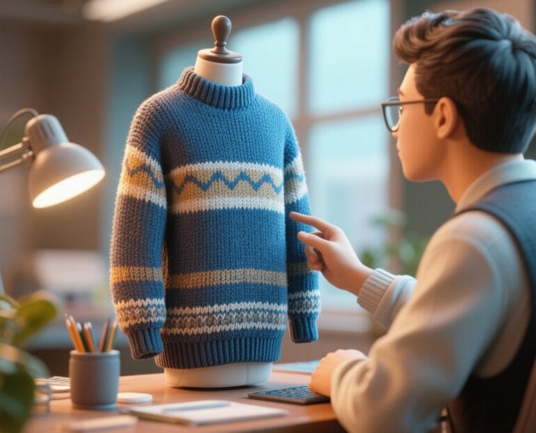 COCOLOGO sustainable knitwear: young man examining a blue miniature woolen sweater with zigzag pattern on a small mannequin i