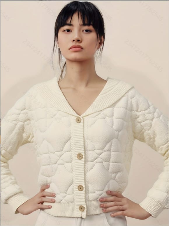 A young woman stands confidently against a light pink background, wearing a white collared shirt with a v-neck and buttons.