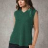 Deep forest green sleeveless knit vest with V-neckline modeled by young woman, COCOLOGO eco-friendly fashion by Cogarm