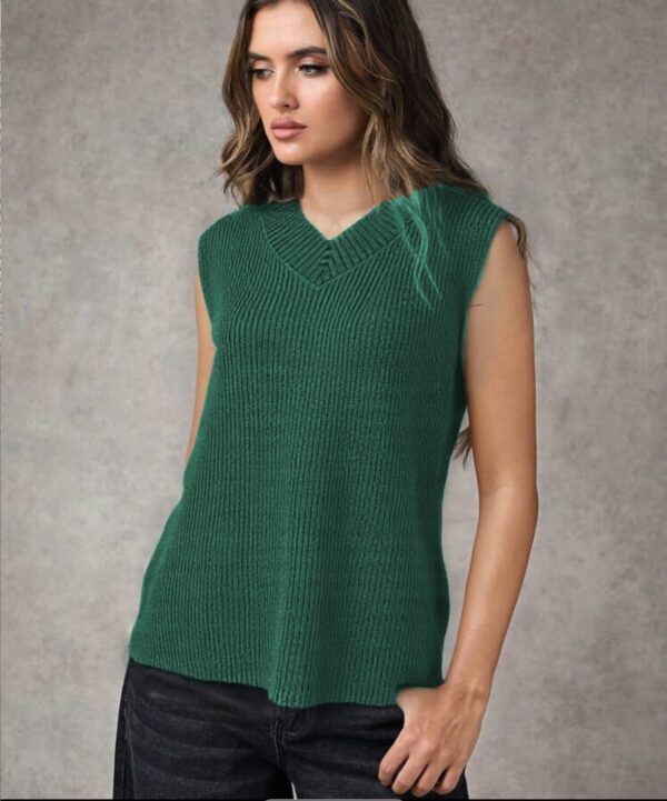 Deep forest green sleeveless knit vest with V-neckline modeled by young woman, COCOLOGO eco-friendly fashion by Cogarm