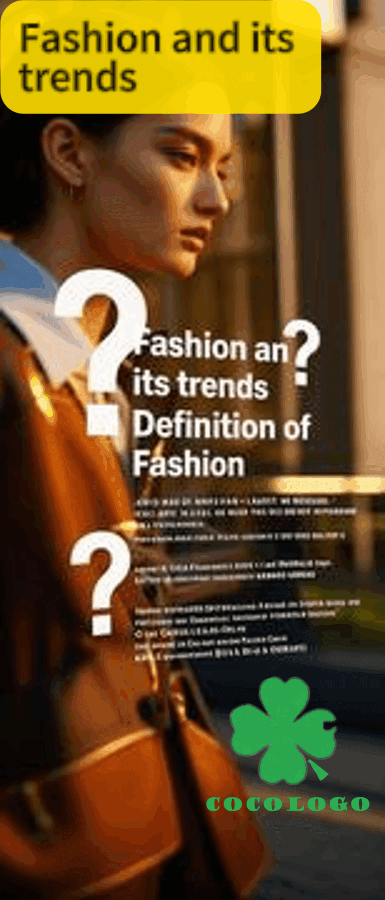 Fashion editorial with woman in light blue shirt and burnt-orange jacket, white question marks overlay, golden hour urban bokeh background