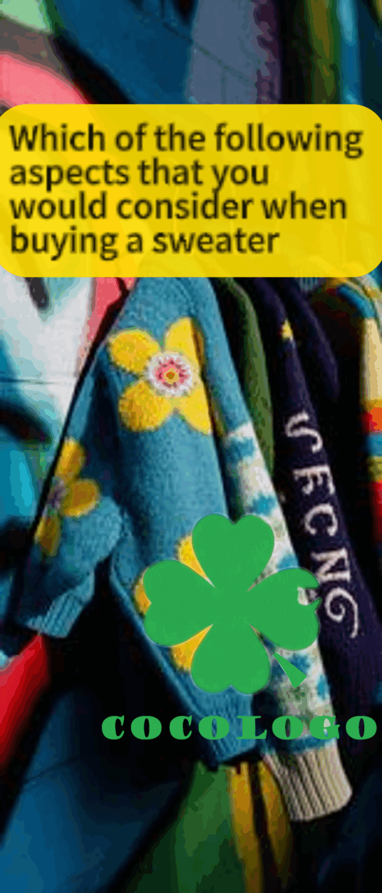 Colorful knit sweaters on rack with blue floral sweater and clover emblem by COCOLOGO, sustainable fashion
