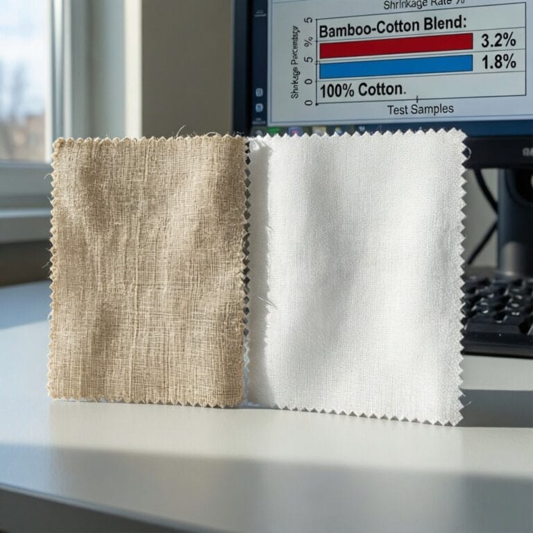 Bamboo-cotton blend versus conventional cotton swatches with shrinkage rate test data displayed