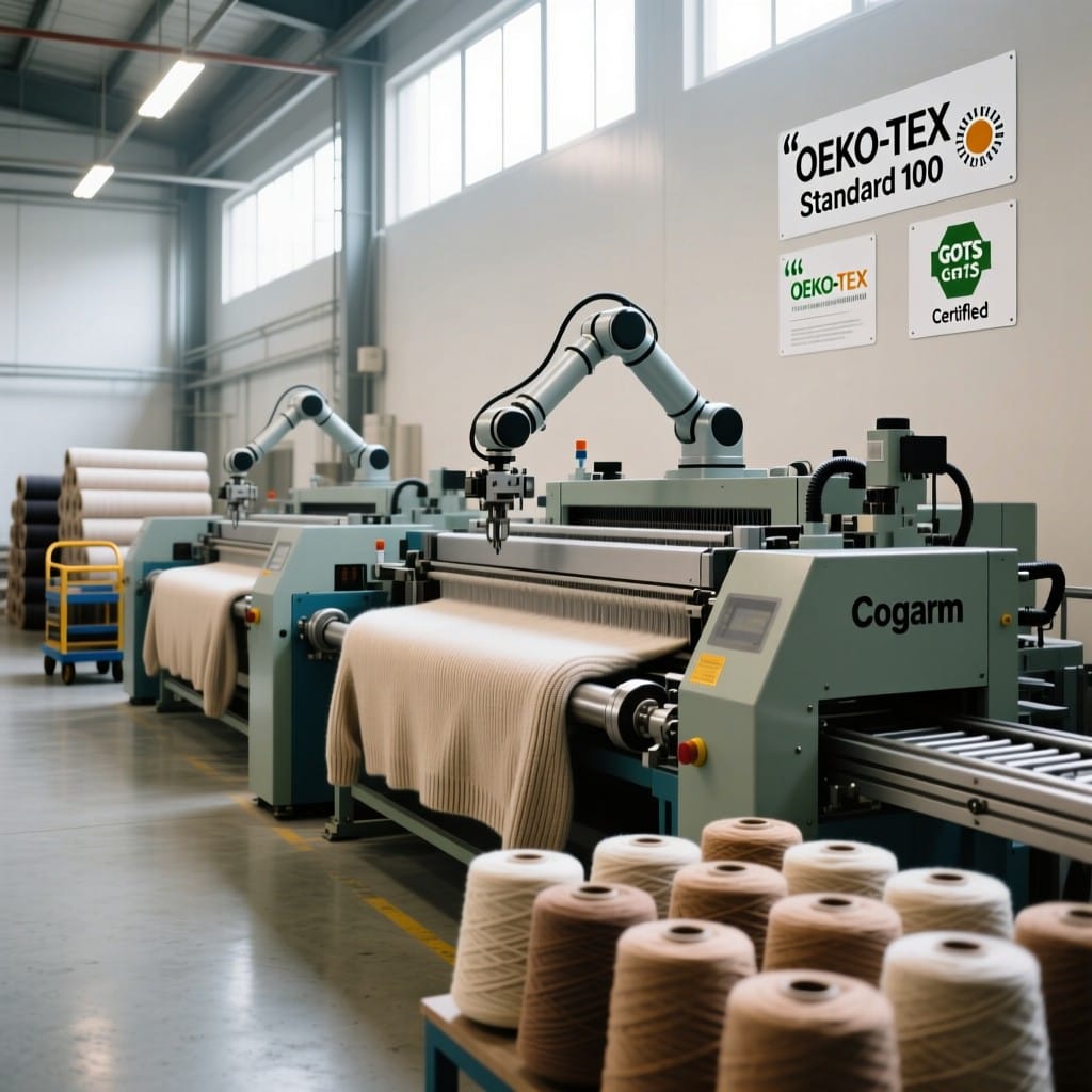 Cogarm factory floor with knitting machines and OEKO-TEX GOTS certification signage