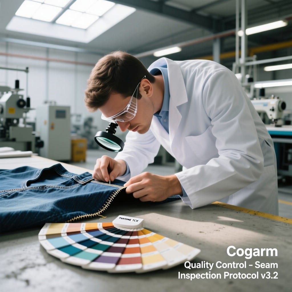 Cogarm technician performing AQL 2.5 inspection on hybrid garment with Pantone TCX color matching