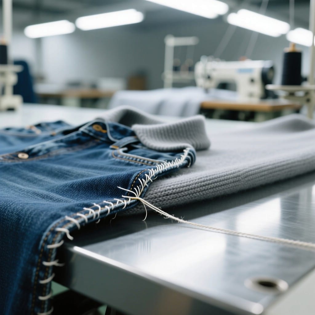 Hybrid denim-knit seam showing precise tension control during garment manufacturing