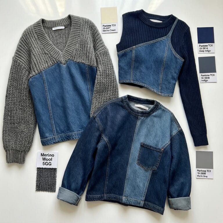 Hybrid knit-denim garments displaying texture contrast and color matching