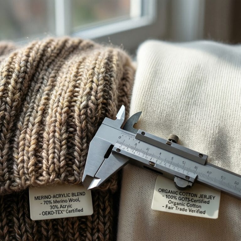 Merino-acrylic blend and organic cotton fabric swatches compared with certification tags