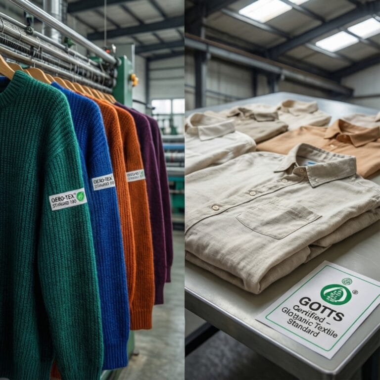 Merino-acrylic knitwear withvs organic cotton woven garments with