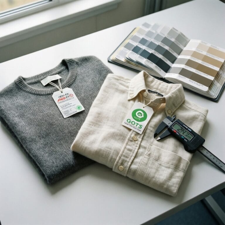Merino sweater and woven shirt withandtags on inspection table with Pantone TCX fan