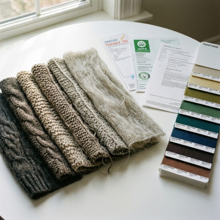 Merino wool swatches withandcertificates and Pantone TCX fan deck