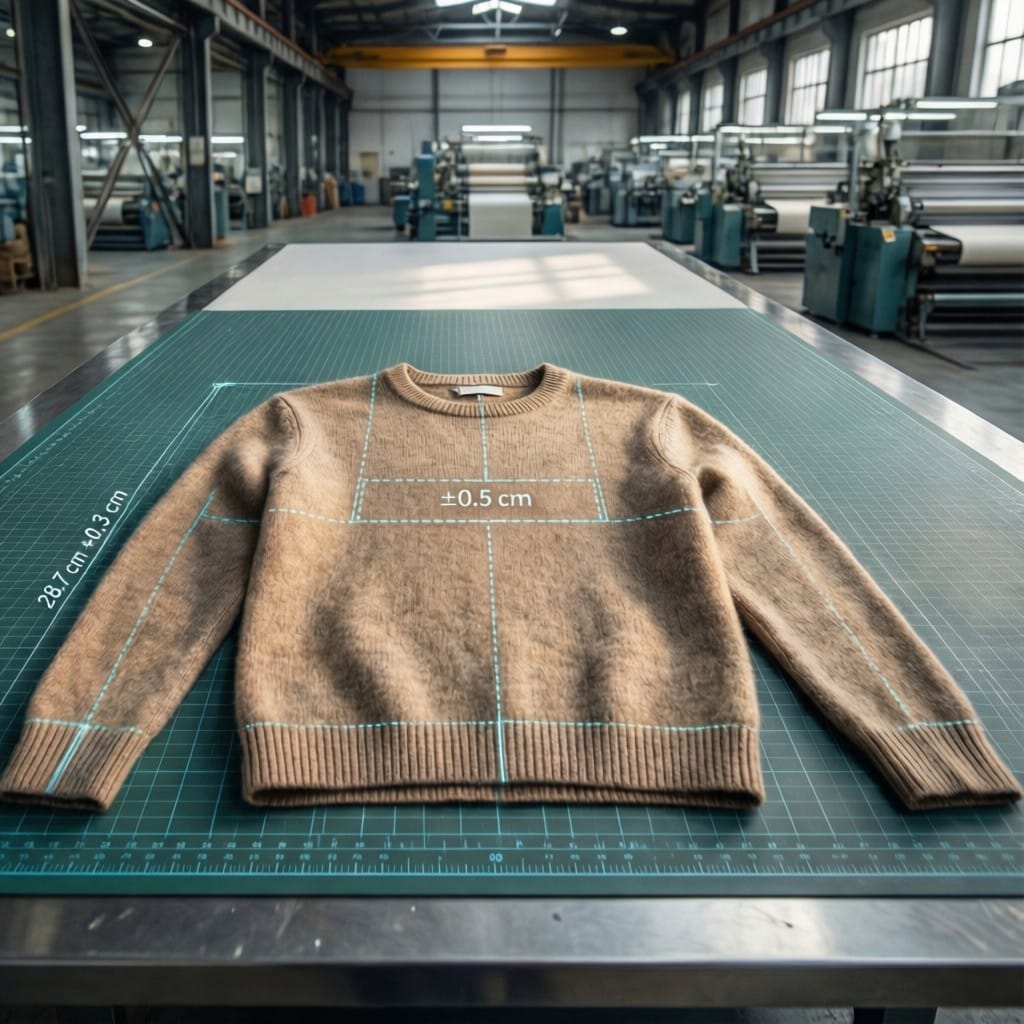 Merino wool sweater measured against oem apparel fit tolerance standards on digital cutting table