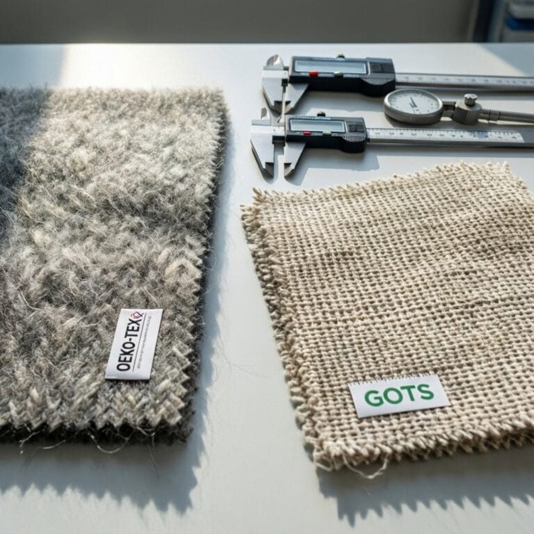 merino wool versusorganic cotton fabric swatch comparison with certification labels