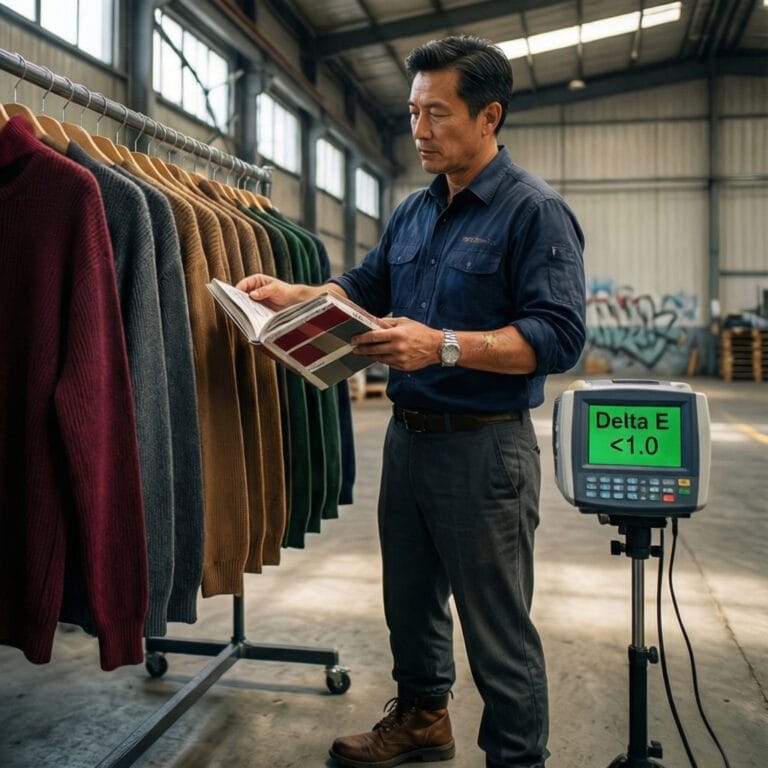 Procurement manager verifying Pantone TCX colour match on custom sweater batch using spectrophotometer