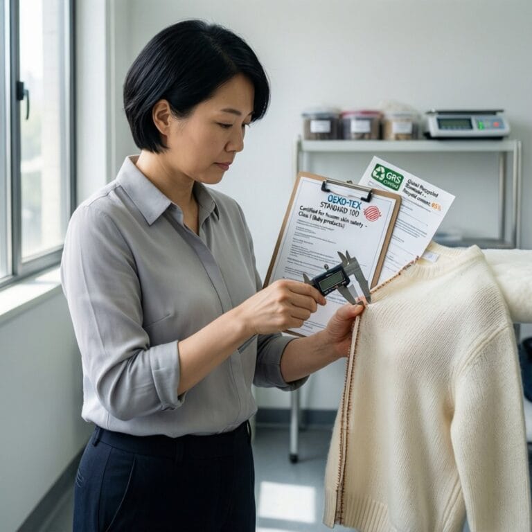 QC inspector verifying seam specs withand GRS certificates displayed