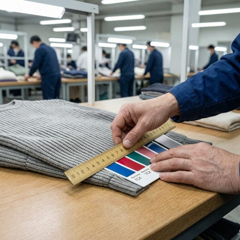 Quality inspector verifying knitwear gauge and Pantone TCX color match under D65 lighting