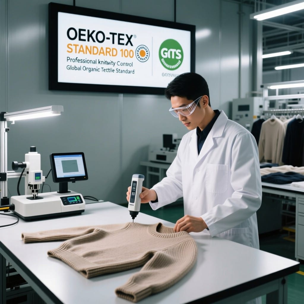 Quality inspector verifying textile compliance in Dongguan knitwear factory with certification docum