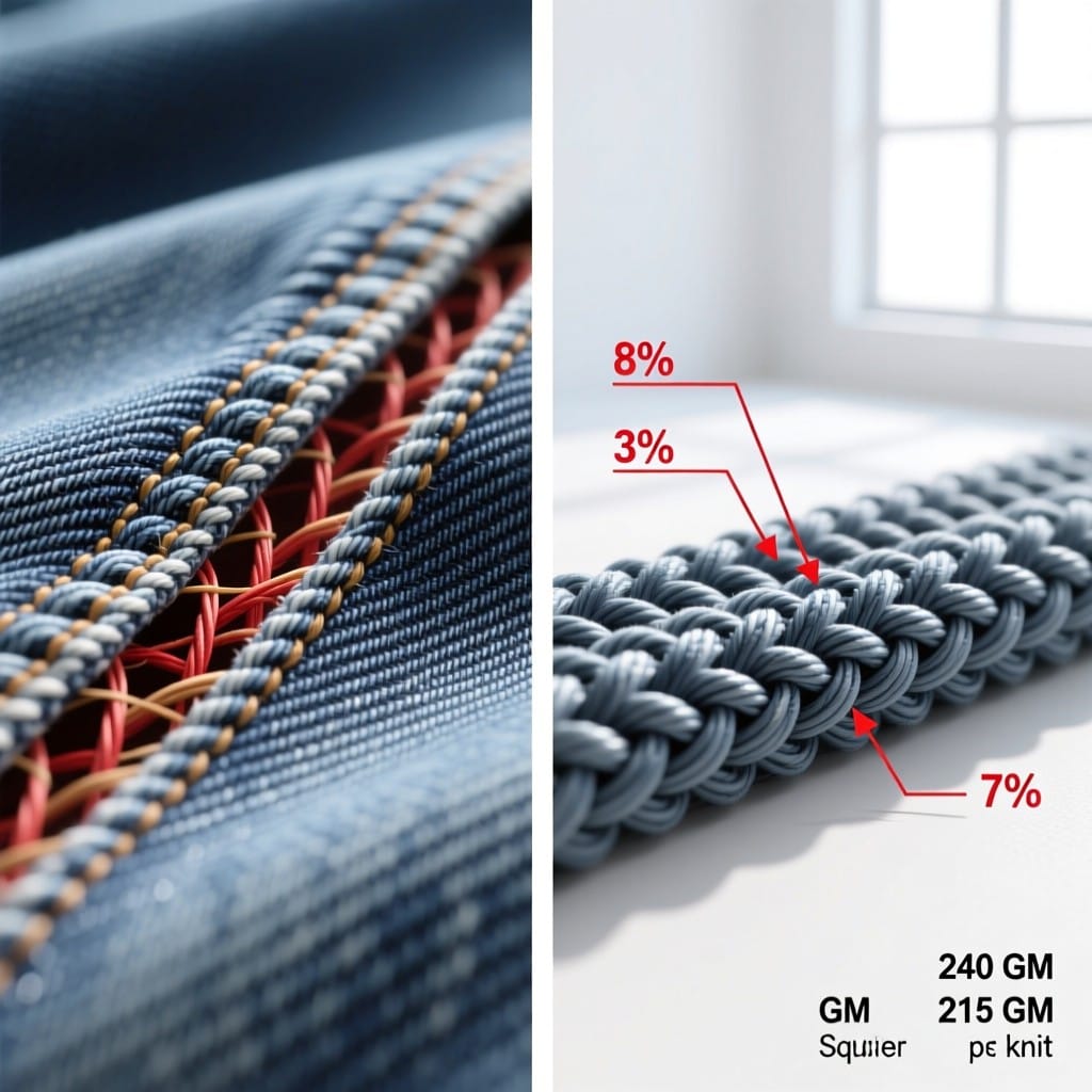 Technical comparison of woven denim twill versus 7GG knit interlock structure with shrinkage data