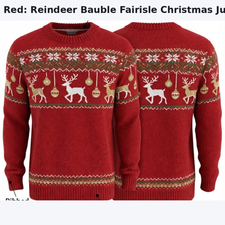 | Flat annotated garment diagram of a red Fairisle Christmas jumper with reindeer and bauble jacquard pattern